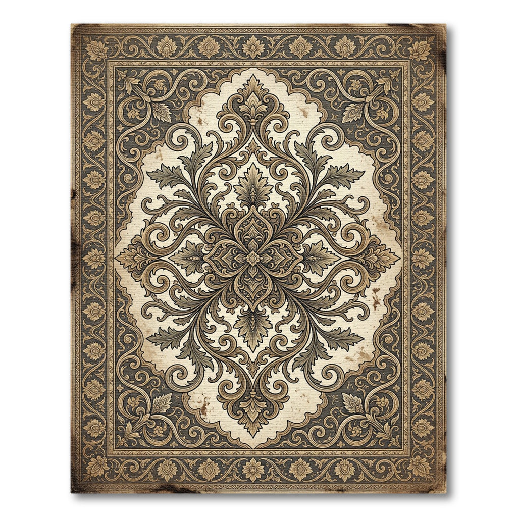 Antique Sepia Floral Scroll Medallion Rug