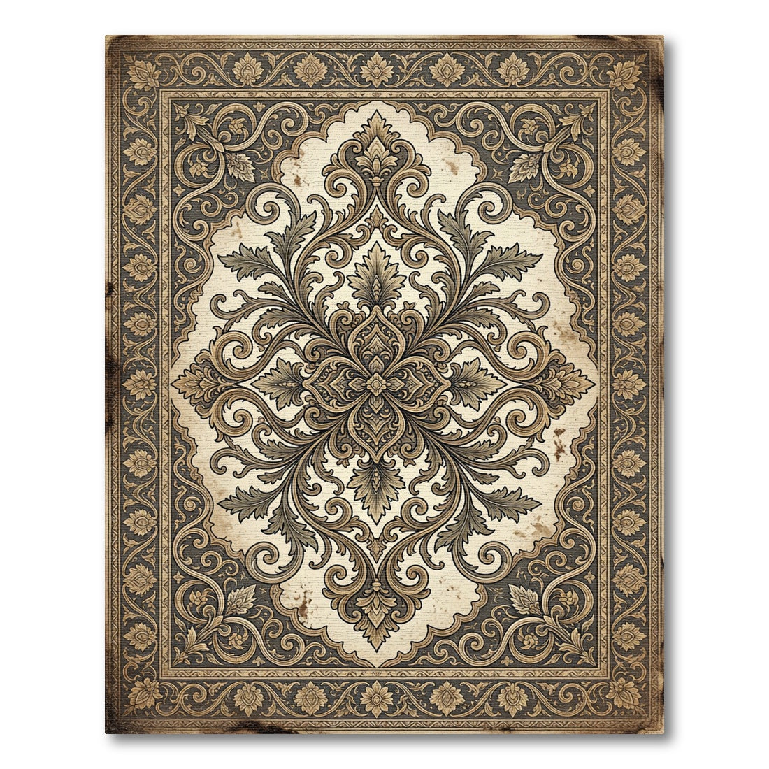 Antique Sepia Floral Scroll Medallion Rug