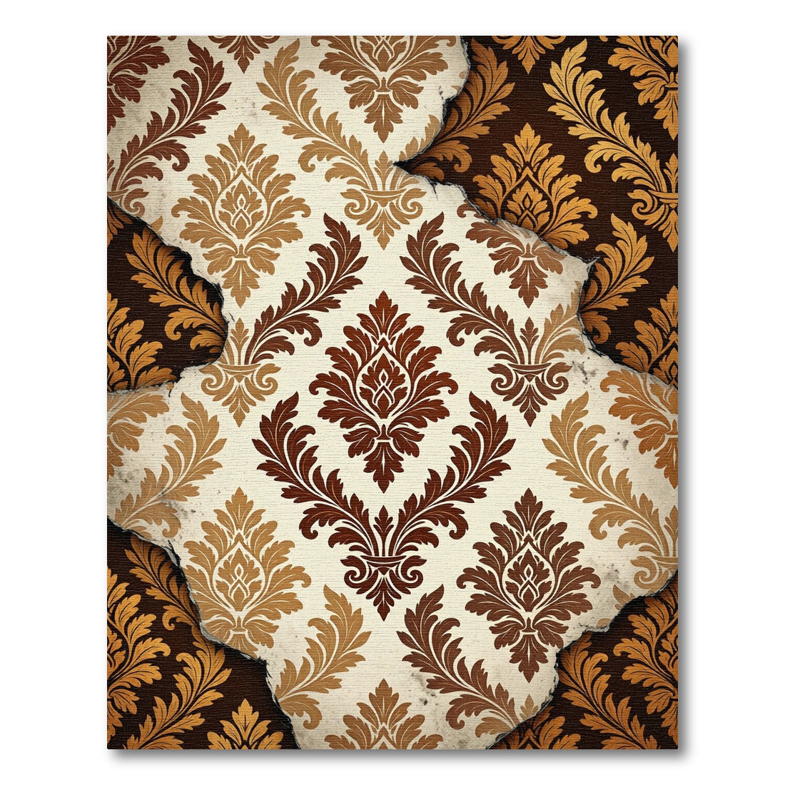 Distressed Cream and Brown Damask Scroll Rug