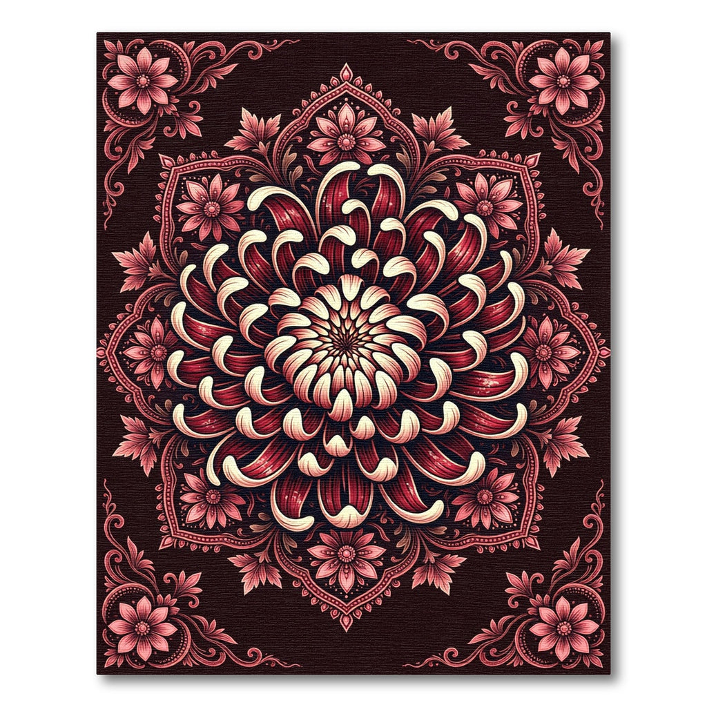 Crimson Chrysanthemum Floral Symmetry Medallion Rug