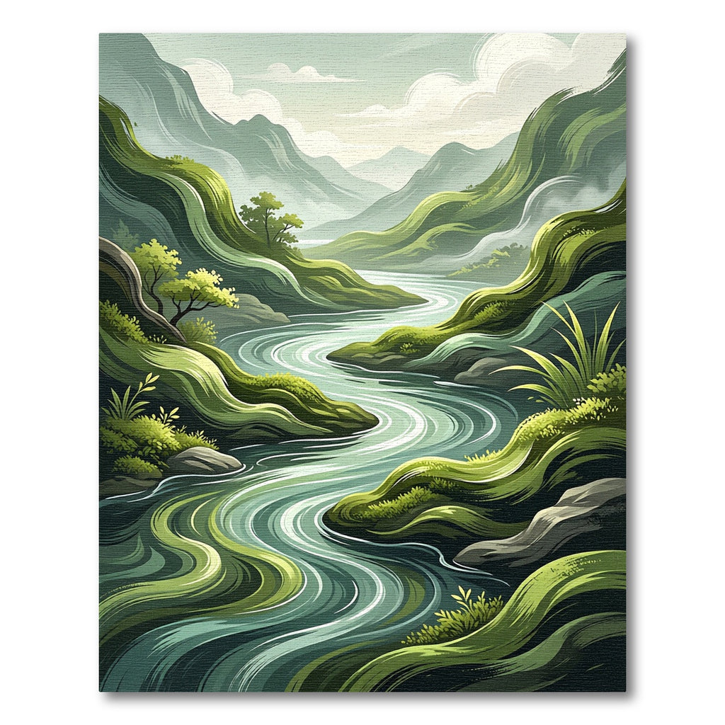 Serene Verdant Mountain River Landscape Rug