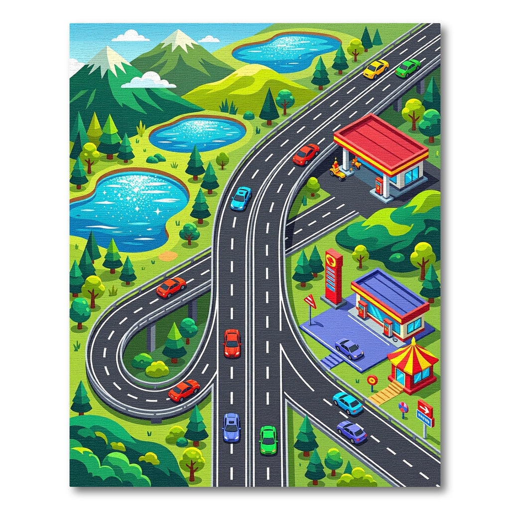 Vibrant Mountain Highway Transit Landscape Rug