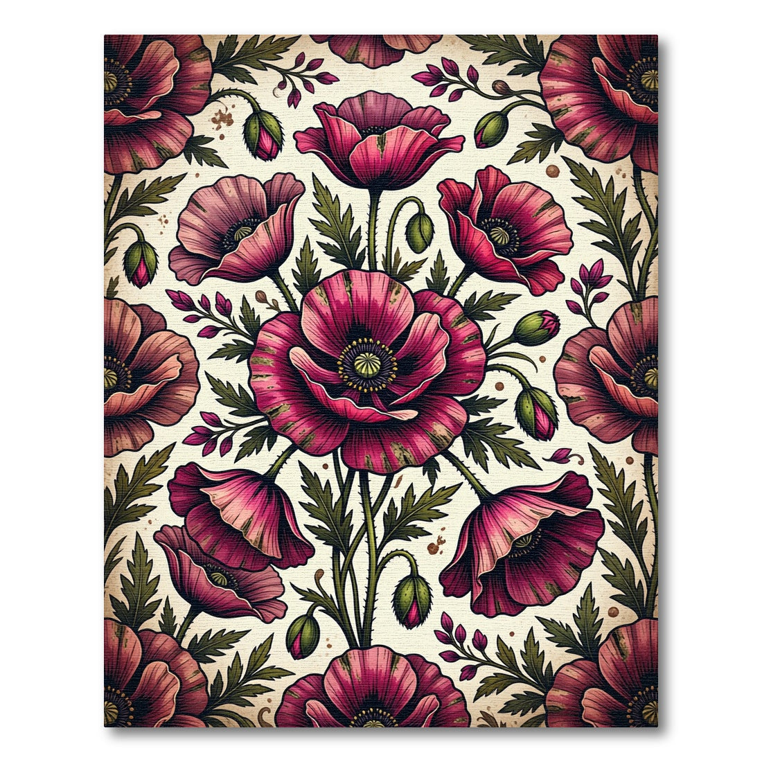 Vintage Crimson Poppy Botanical Art Rug