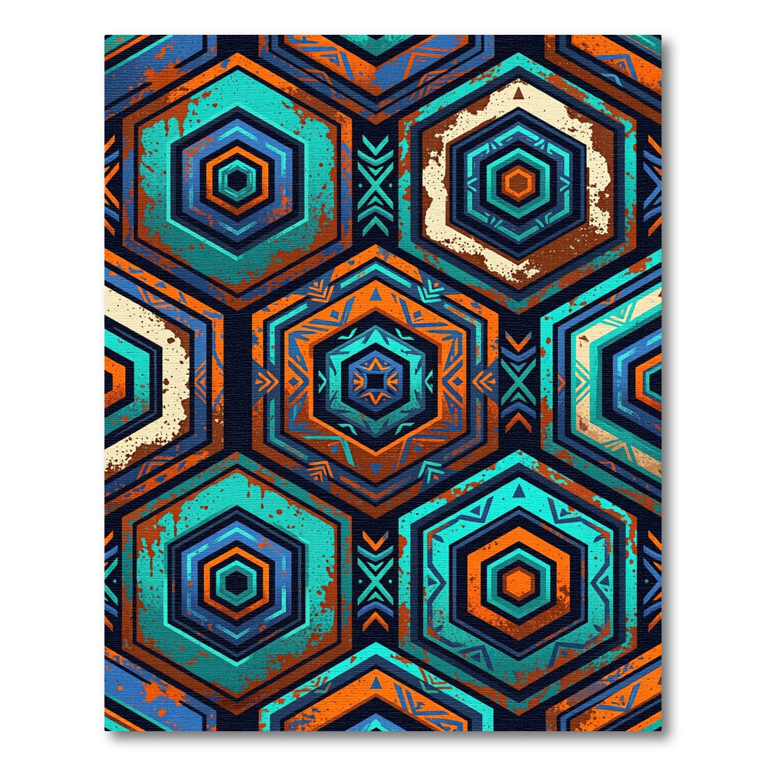 Vibrant Teal Orange Hexagon Tribal Rug