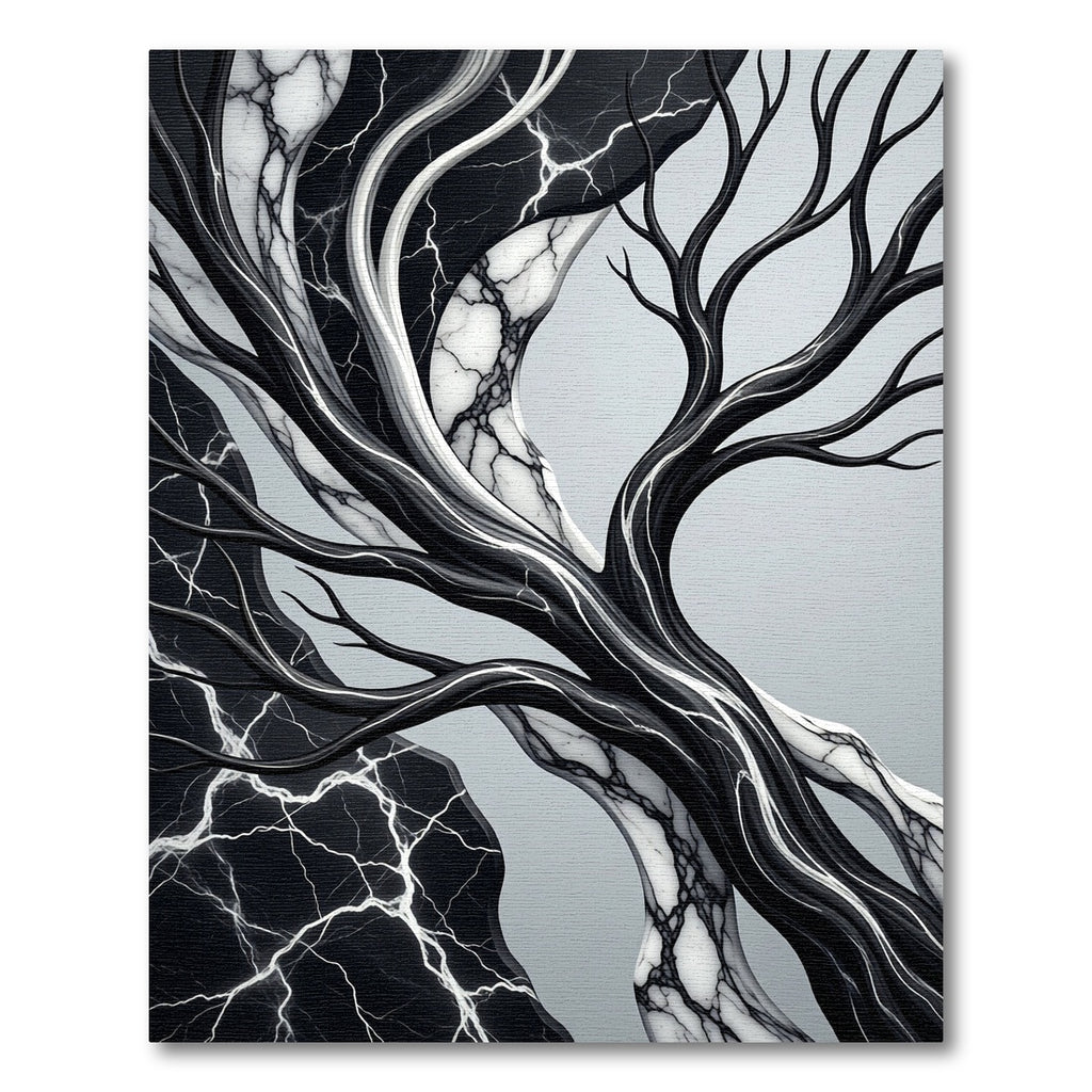Monochrome Marble Vein Abstract Tree Art Rug