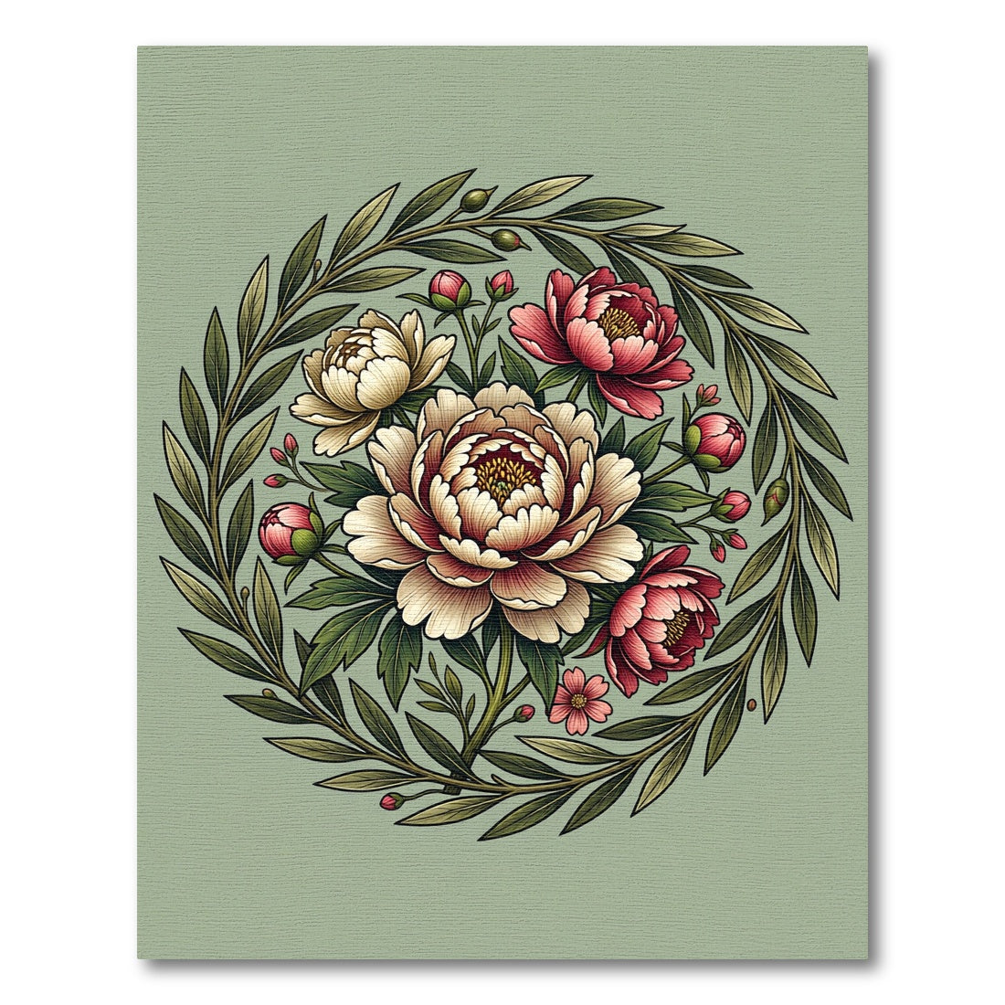 Elegant Sage Peony Floral Wreath Rug