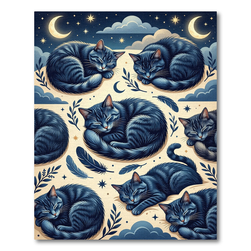 Whimsical Midnight Blue Sleeping Cat Celestial Rug