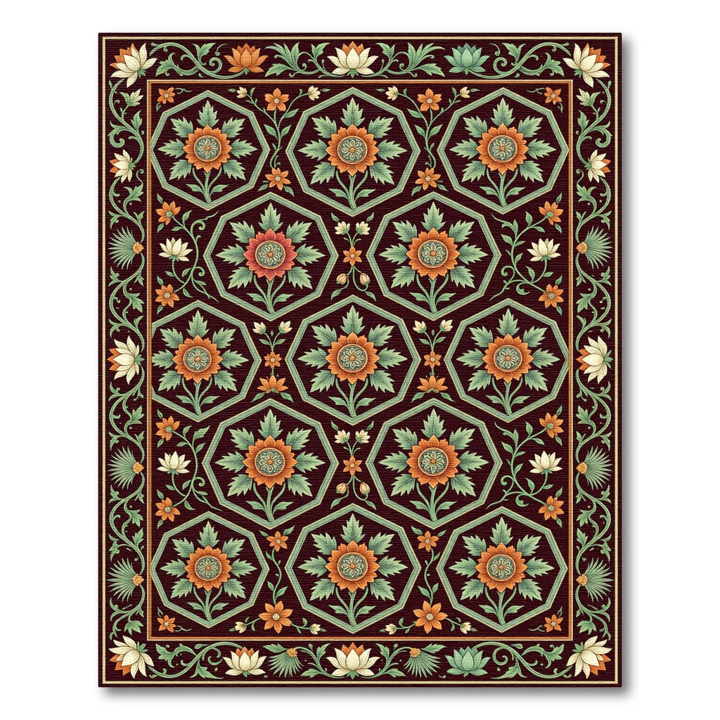 Elegant Crimson Hexagonal Floral Garden Rug