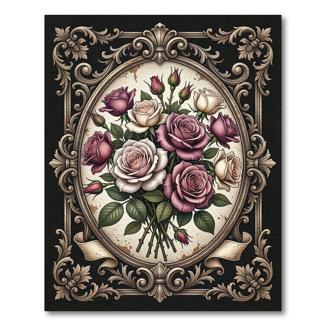 Baroque Oval Bouquet of Romantic Roses Rug