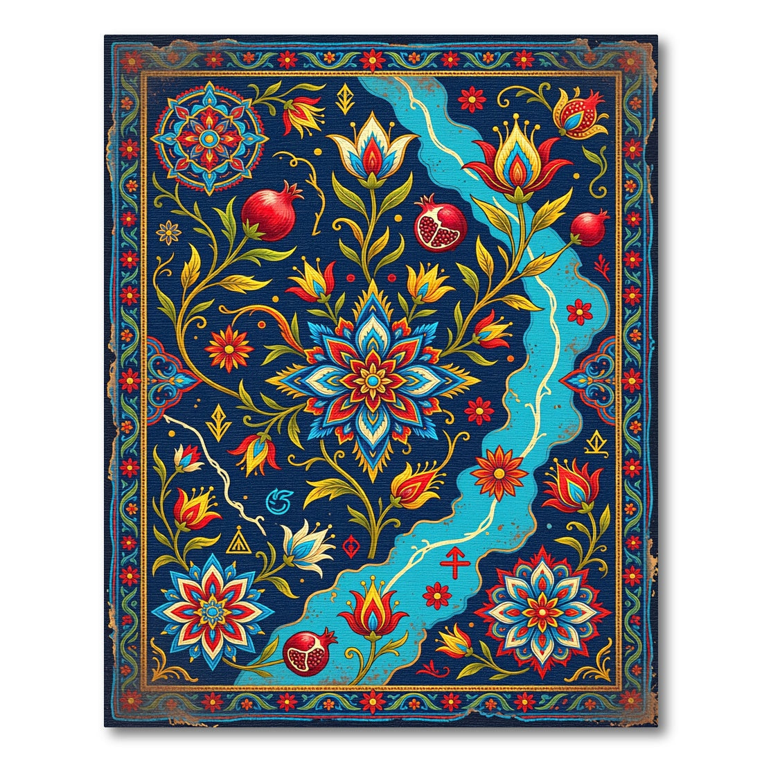 Midnight Floral Pomegranate Botanical Medallion Rug