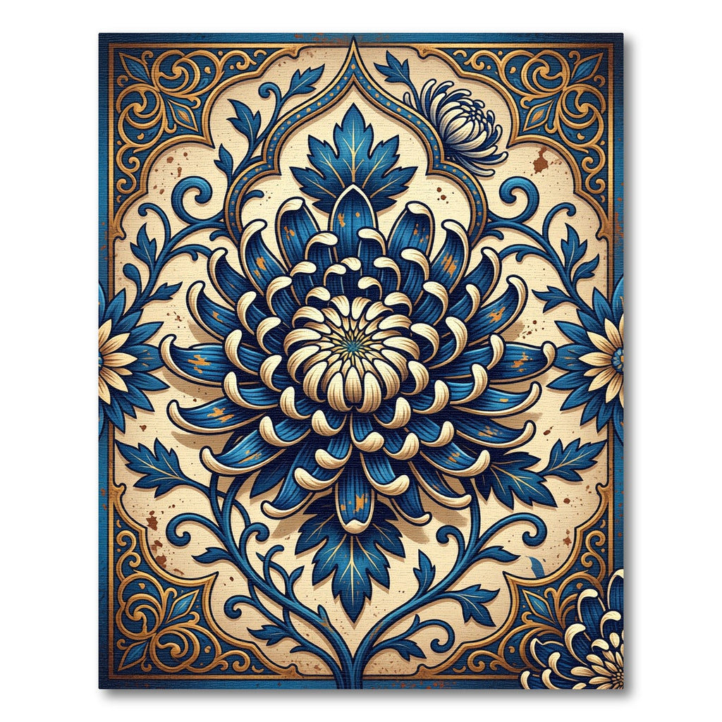 Royal Blue Golden Chrysanthemum Floral Overlay Rug