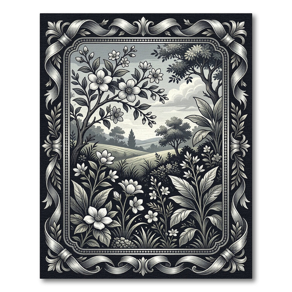 Monochrome Botanical Meadow Floral Illustration Rug