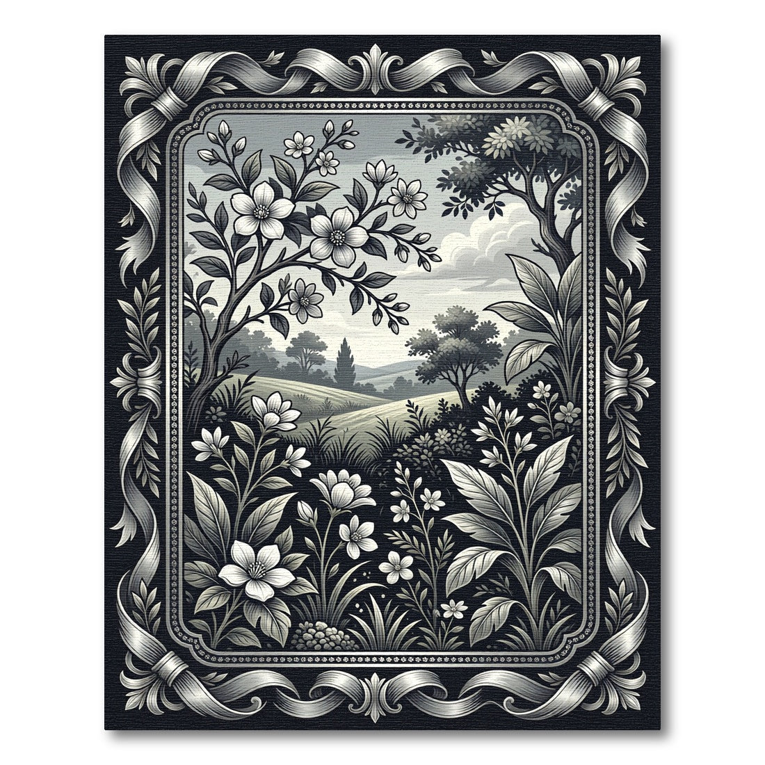 Monochrome Botanical Meadow Floral Illustration Rug