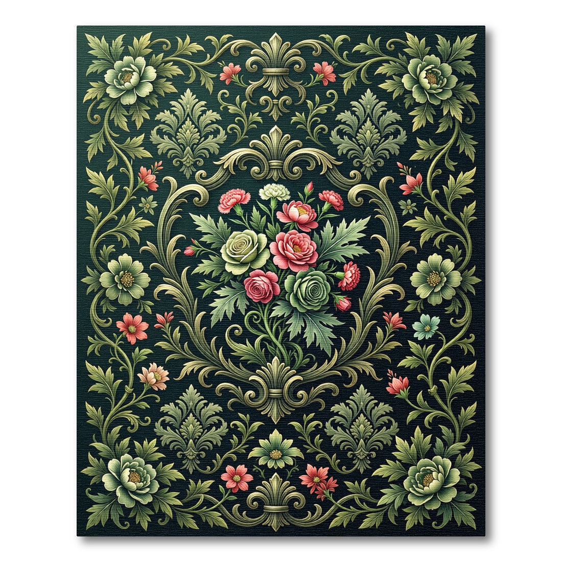 Ornate Emerald Floral Damask Scroll Rug