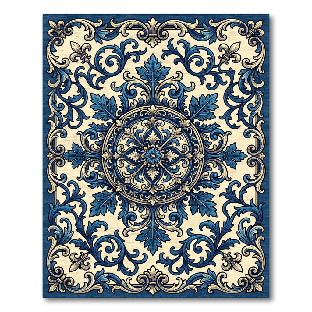 Ornate Blue Scroll Medallion Accents Rug