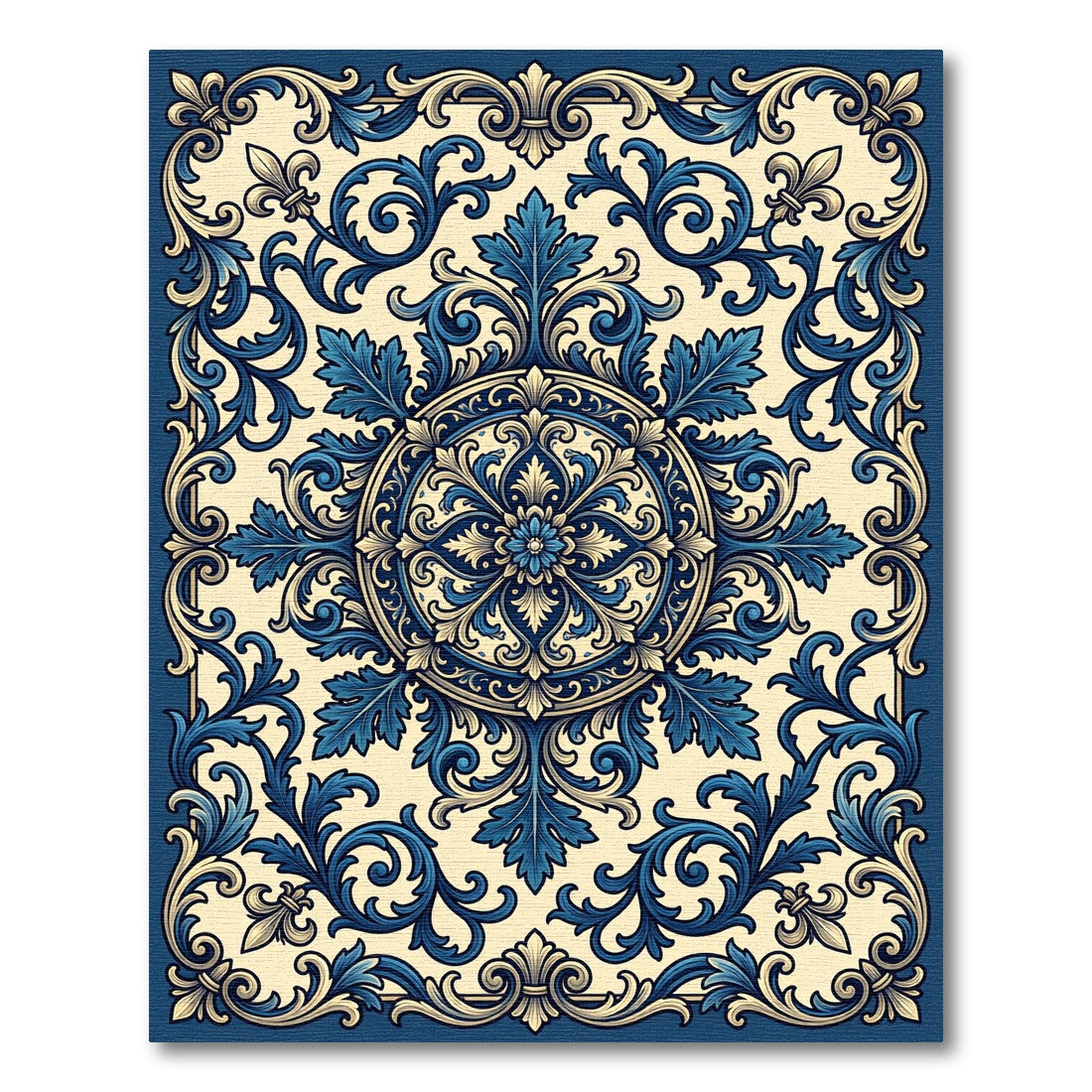 Ornate Blue Scroll Medallion Accents Rug