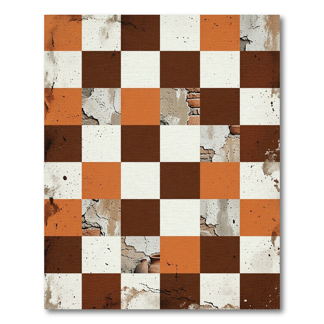 Terracotta White Abstract Checkerboard Rug