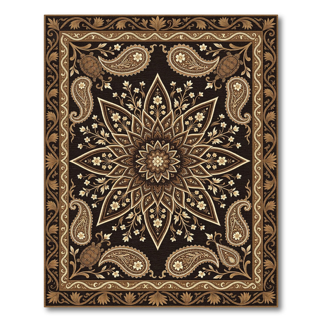 Dark Brown Floral Paisley Turtle Medallion Rug