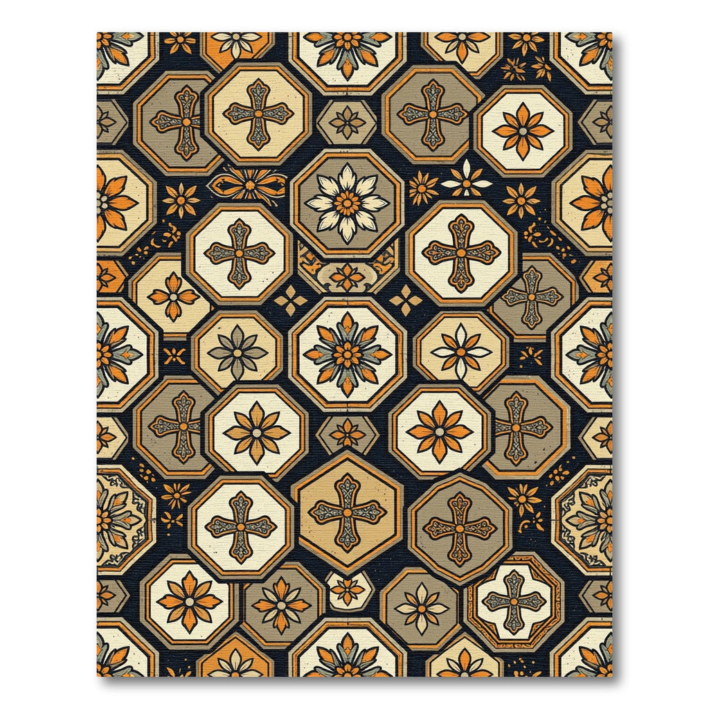 Vintage Orange Cross Floral Octagon Rug
