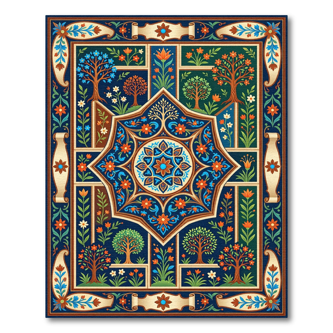 Midnight Blue Botanical Floral Star Medallion Rug