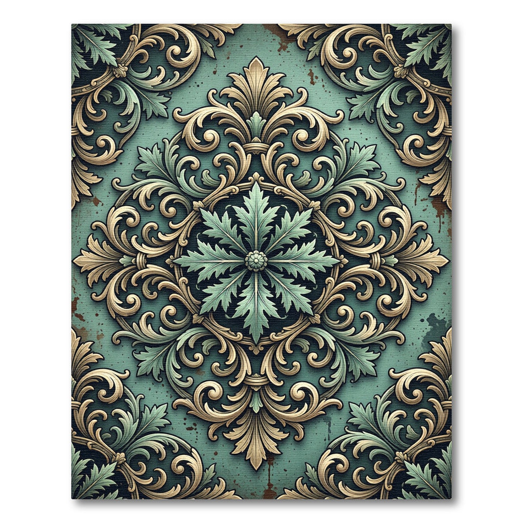 Sage Green Baroque Acanthus Scroll Medallion Rug
