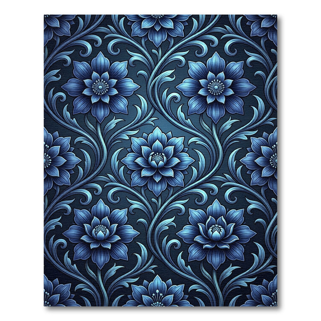 Midnight Blue Floral Scroll Damask Rug