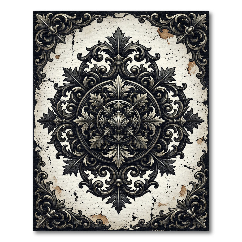 Ornate Black Cream Baroque Floral Medallion Rug
