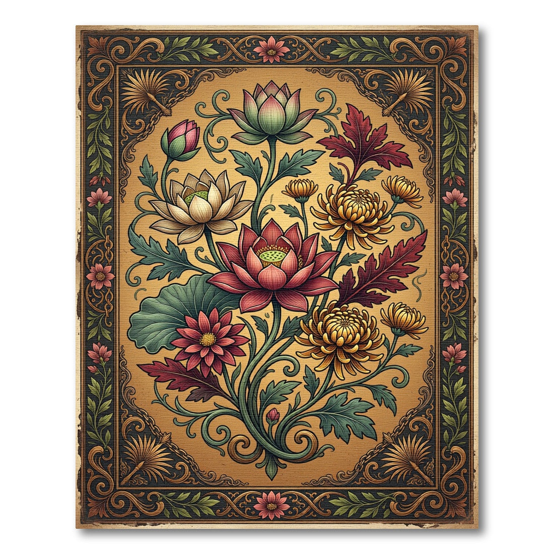 Ornate Crimson Lotus and Gold Chrysanthemum Composition Rug