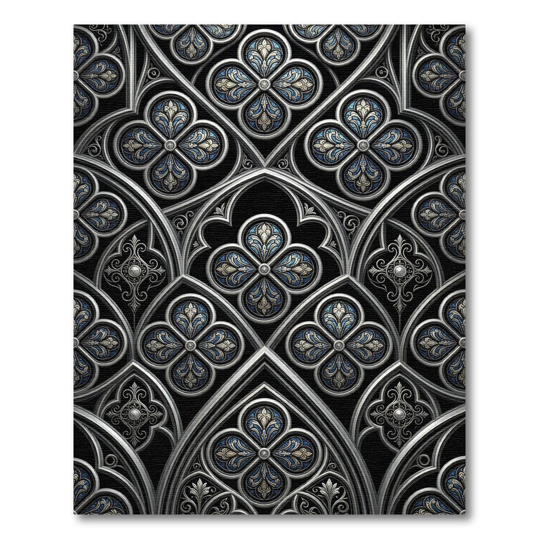 Gothic Blue Silver Quatrefoil Ornamental Rug