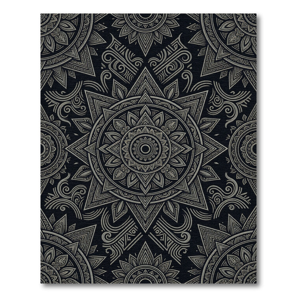 Ornate Black Silver Mandala Starburst Rug