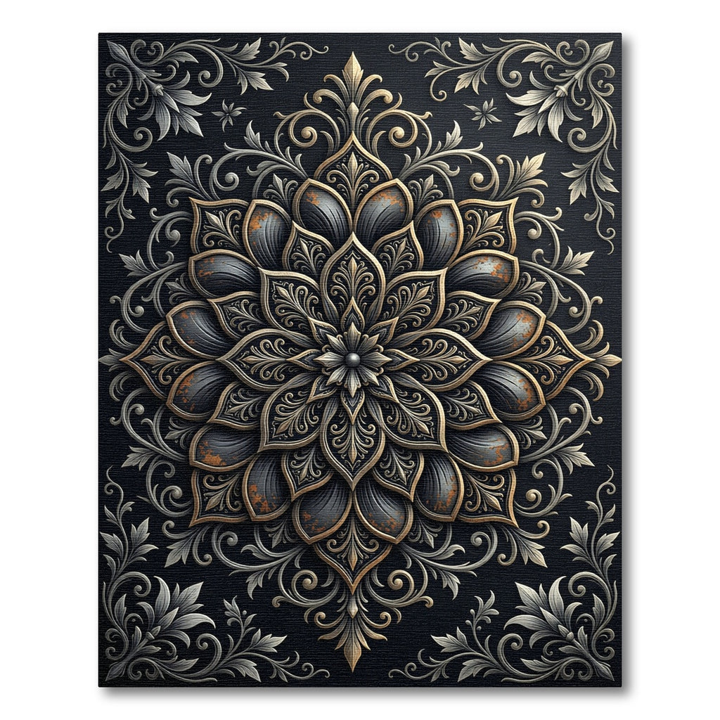 Ornate Black Golden Floral Medallion Rug