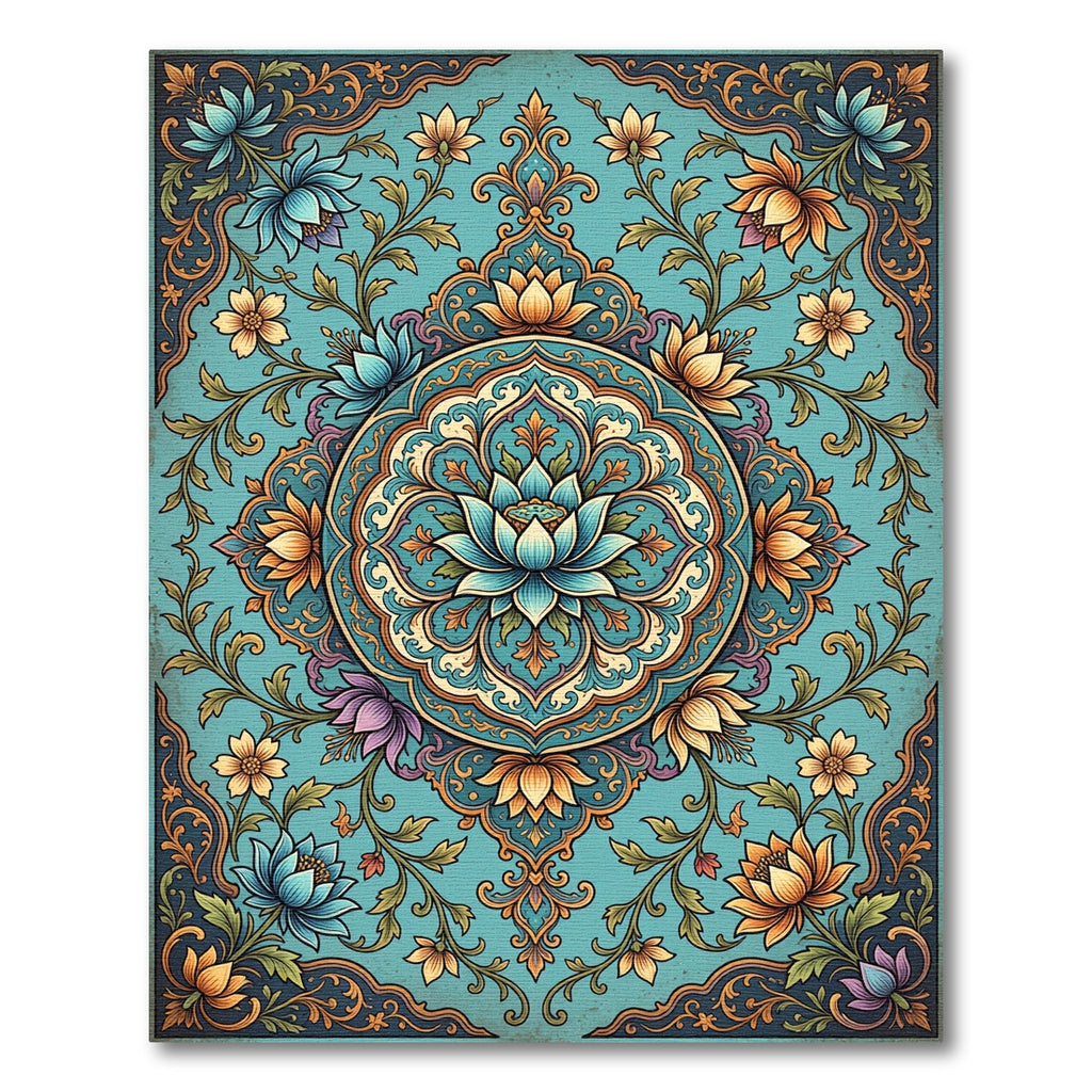 Teal Lotus Medallion Floral Flourish Rug