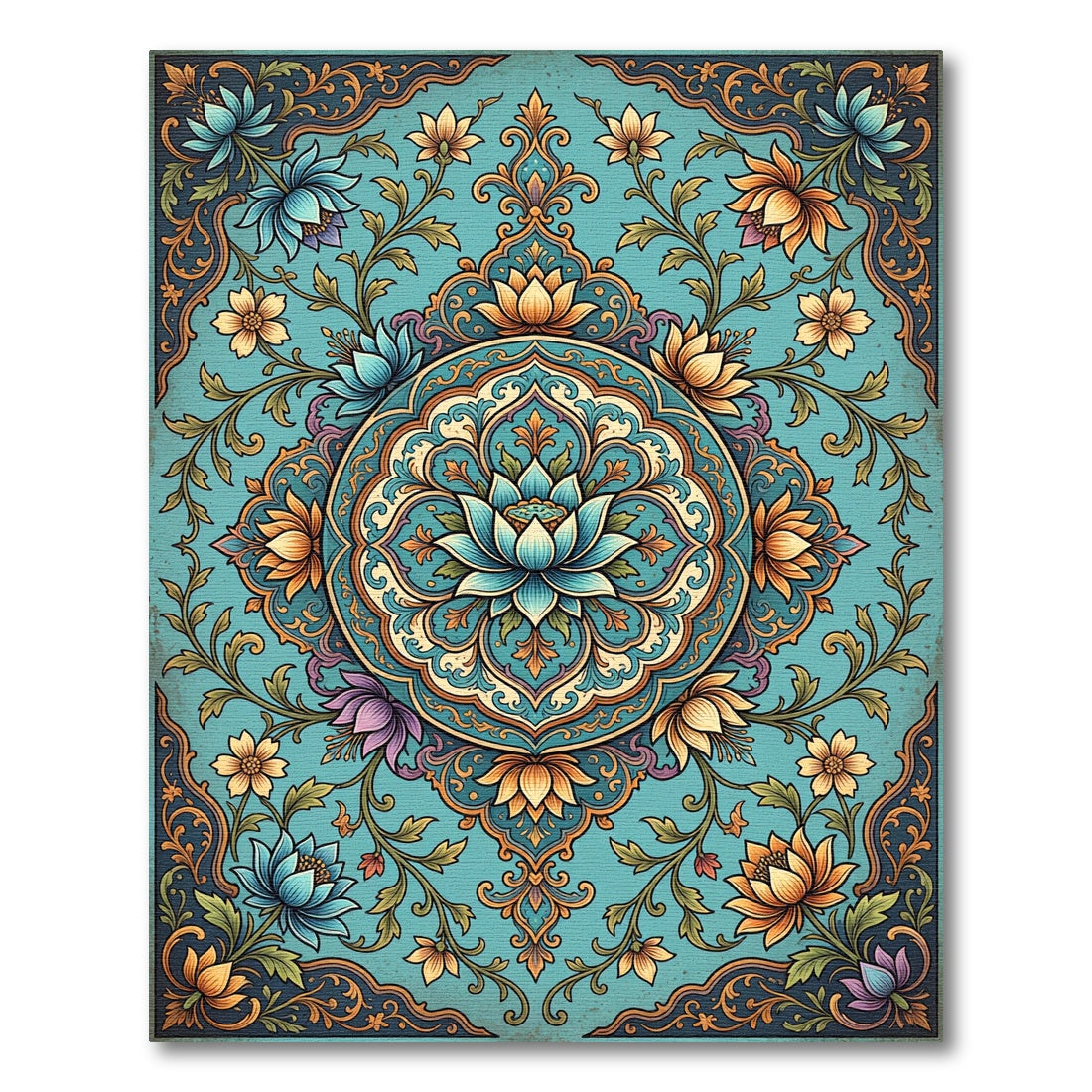 Teal Lotus Medallion Floral Flourish Rug