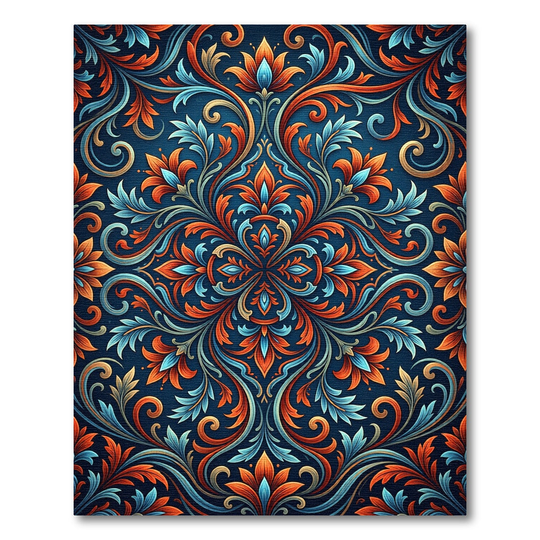 Intricate Floral Swirl Indigo Red Rug