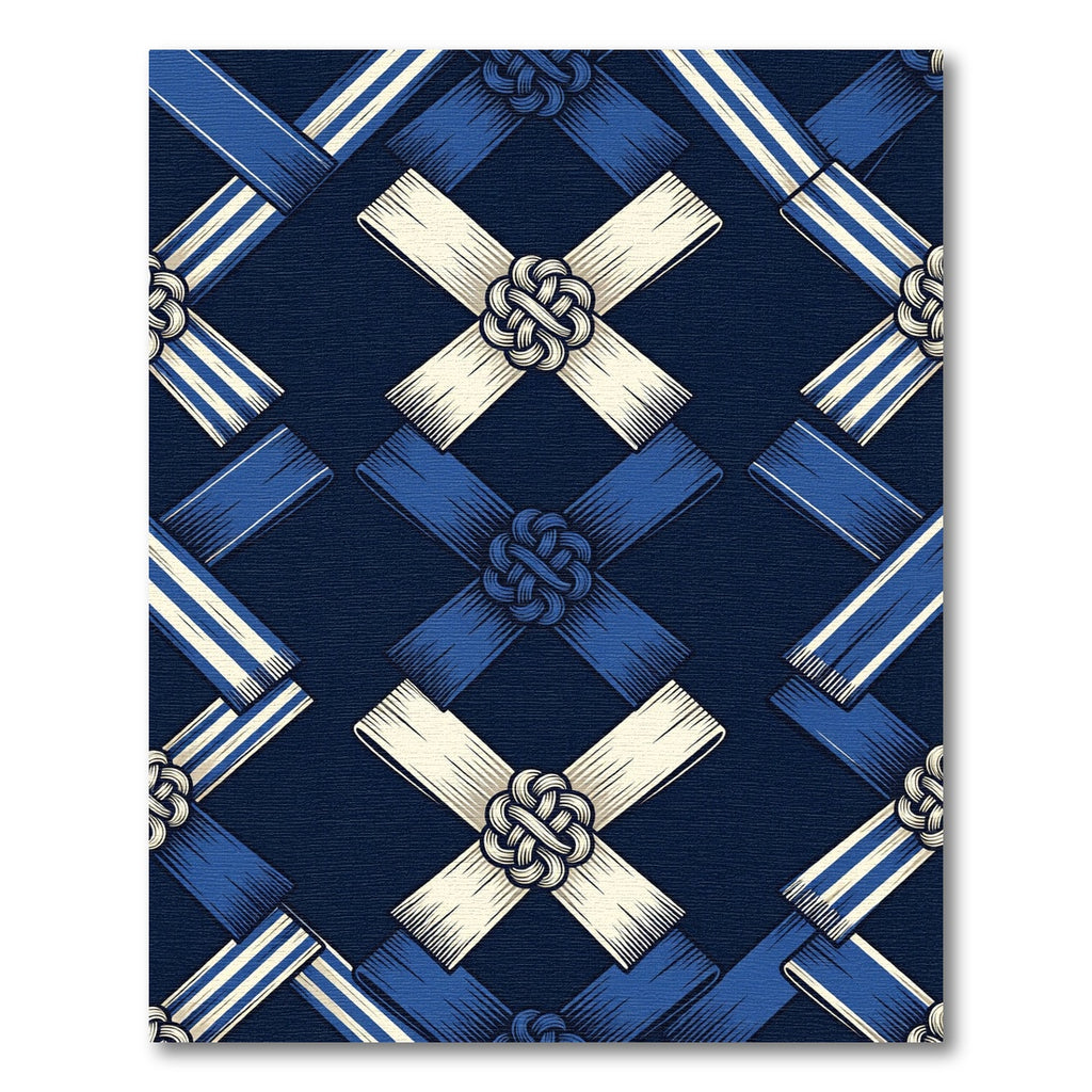 Indigo Geometric Lattice with Knotted Ribbon Rug