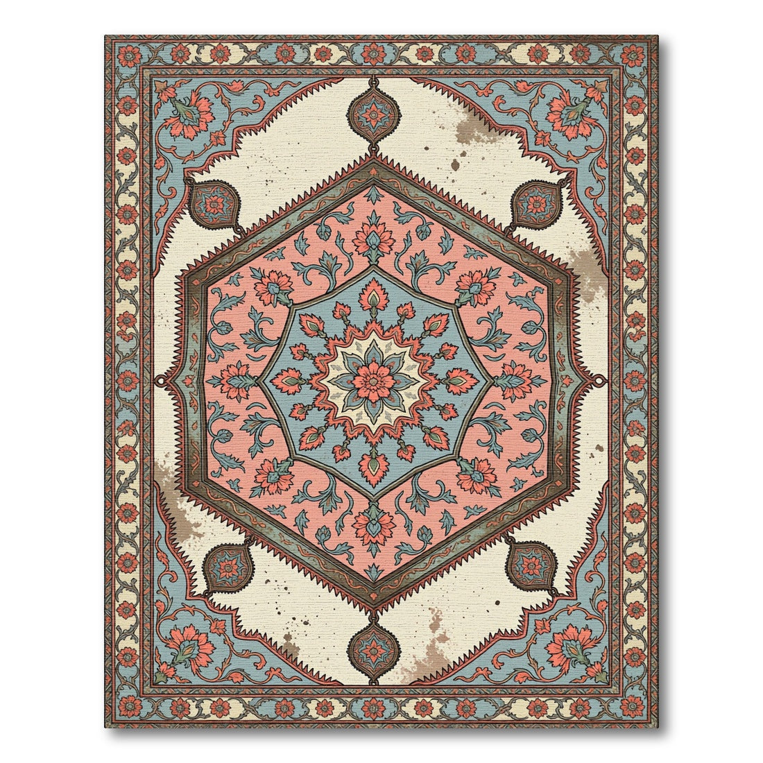 Vintage Dusty Rose Hexagon Floral Medallion Rug