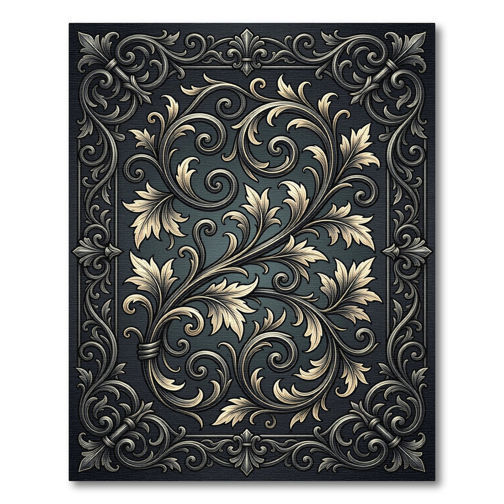 Ornate Scrolling Golden Leaf Motif Rug