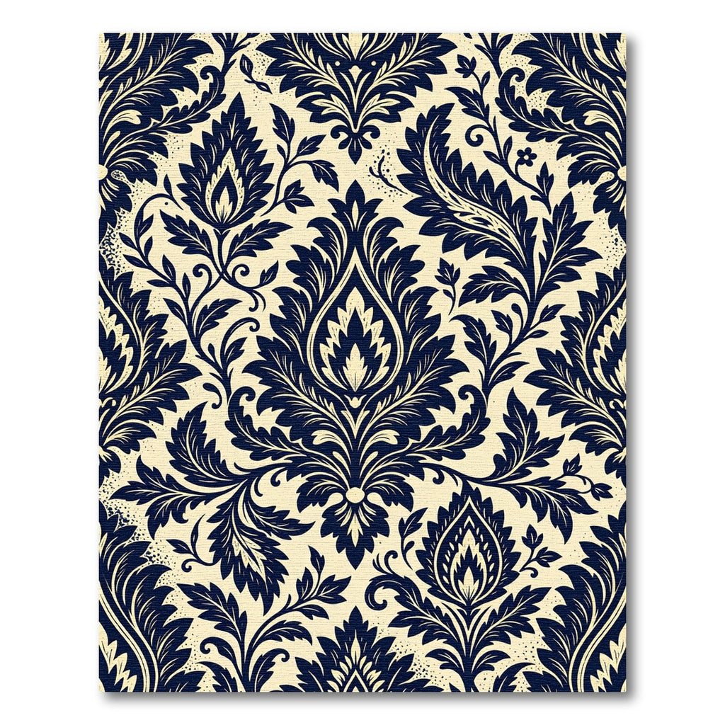 Deep Navy Cream Damask Floral Scroll Rug