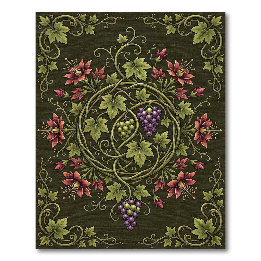 Ornate Forest Green Grape Vine Tapestry Rug