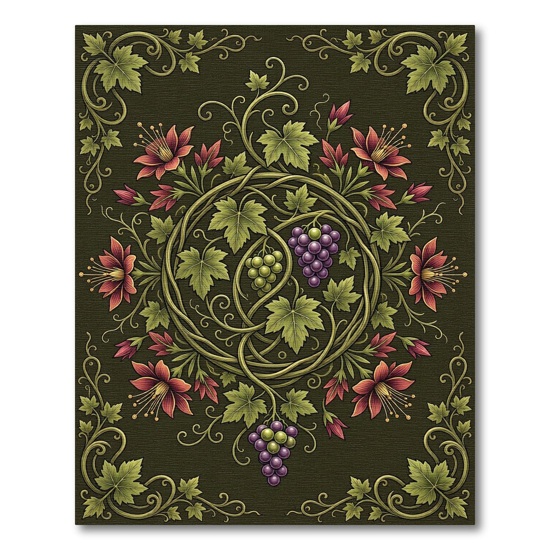 Ornate Forest Green Grape Vine Tapestry Rug