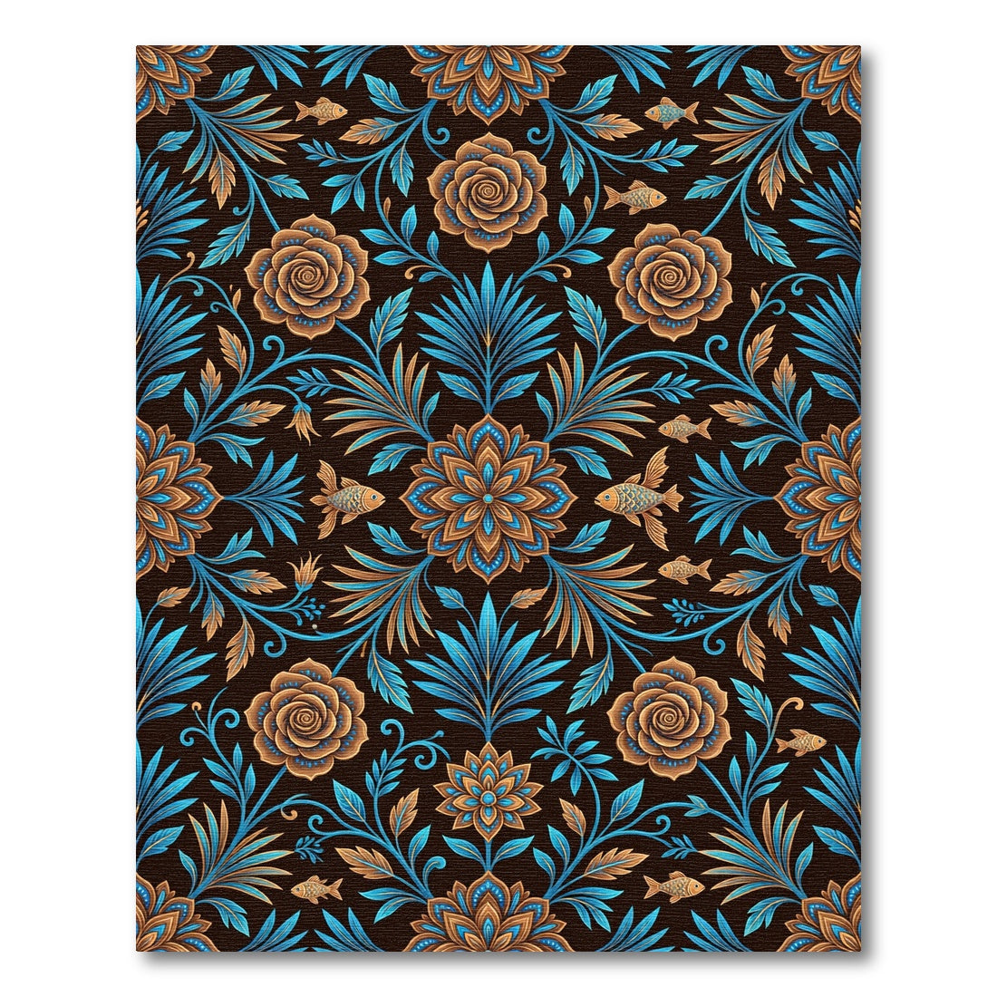 Botanical Blue and Copper Floral Fish Rug