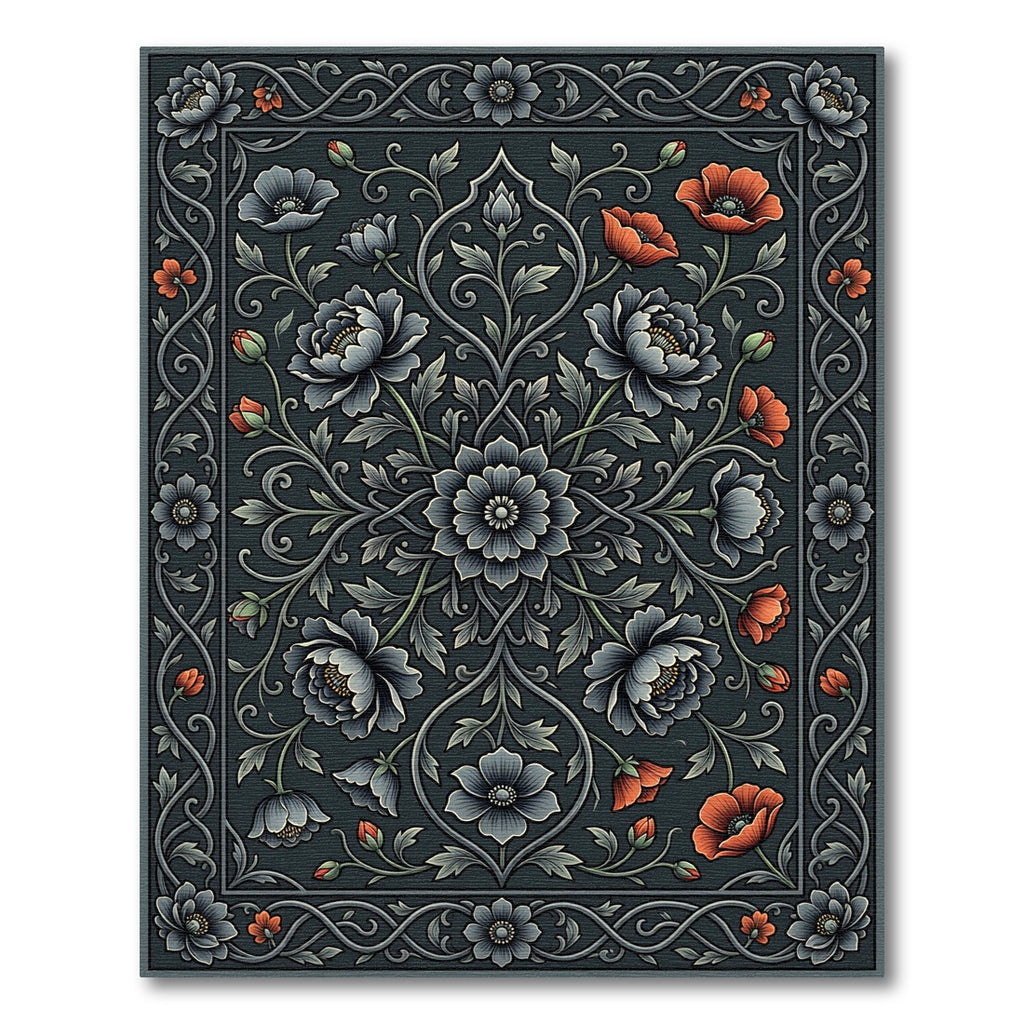 Dark Charcoal Floral Medallion Botanical Art Rug