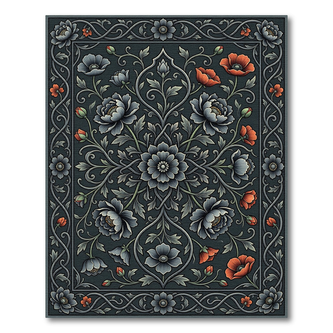 Dark Charcoal Floral Medallion Botanical Art Rug