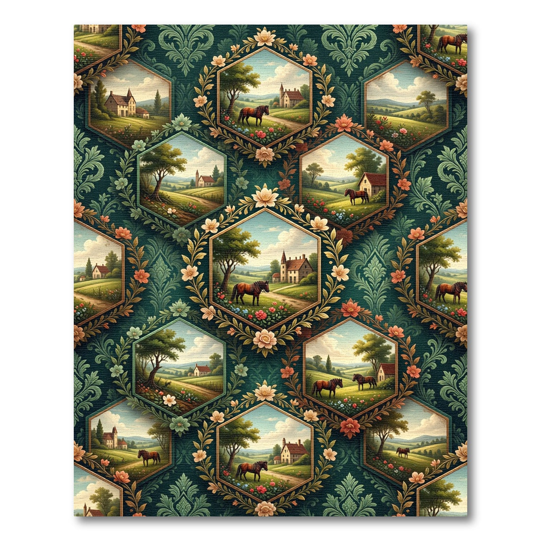 Emerald Hexagonal Countryside Horse Landscape Rug