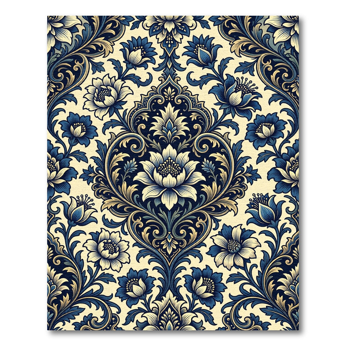 Navy Cream Floral Damask Scroll Rug