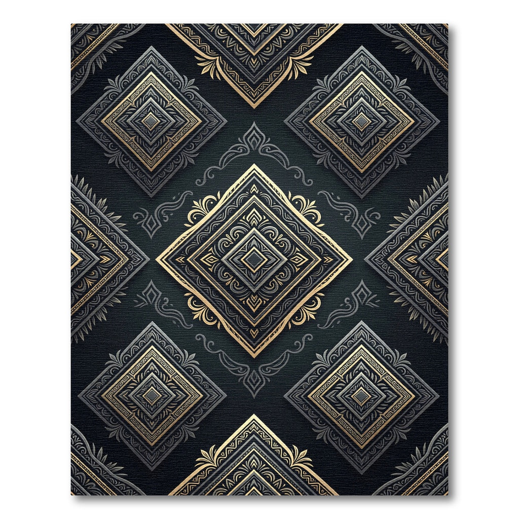 Ornate Black Gold Diamond Medallion Rug