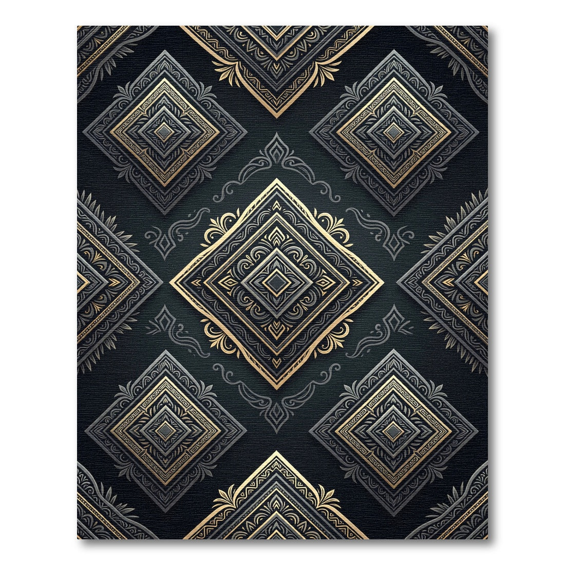Ornate Black Gold Diamond Medallion Rug