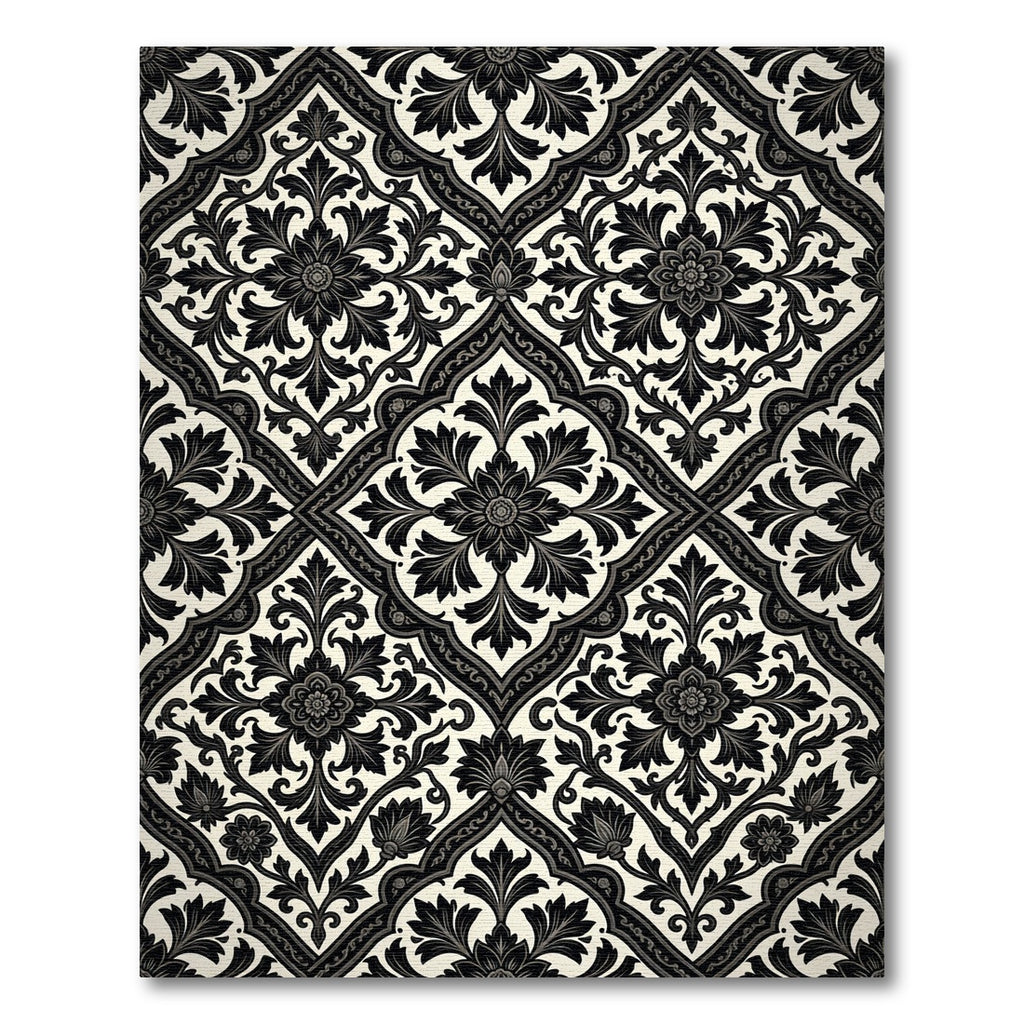 Classic Black Ivory Floral Damask Rug