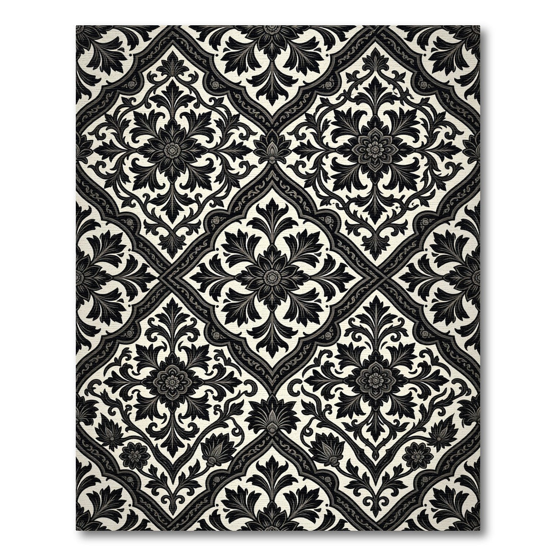 Classic Black Ivory Floral Damask Rug