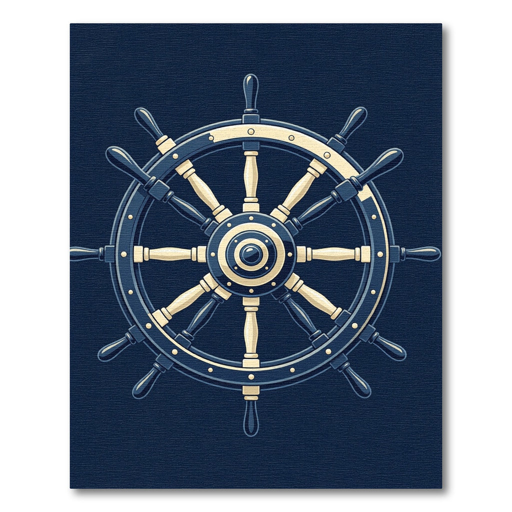 Timeless Navy Coastal Ship Wheel Illustration Rug